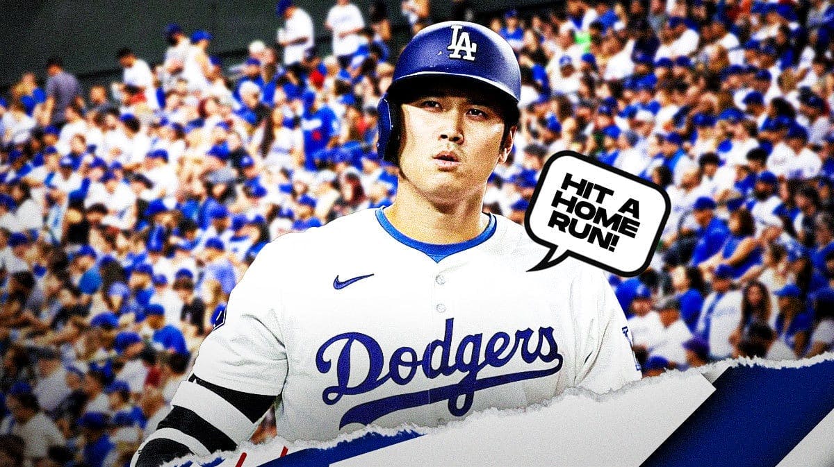 Shohei Ohtani on one side, a bunch of Los Angeles Dodgers fans on the other side with a speech bubble that says “Hit a home run!”. MLB weekend