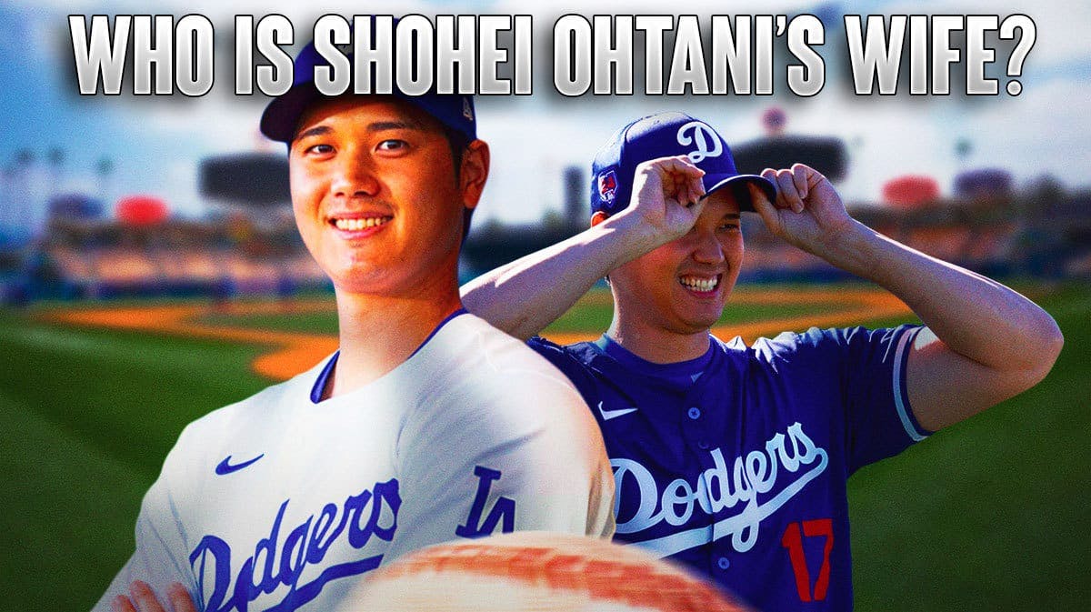 Dodgers' Shohei Ohtani in front smiling. At top of image write the following: Who is Shohei Ohtani’s wife?