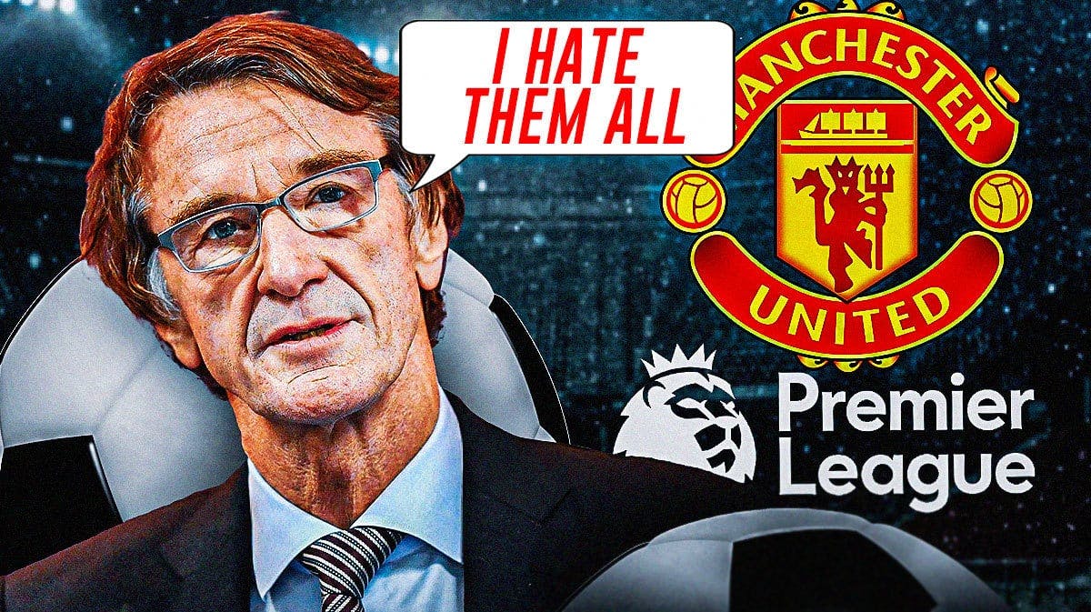 Sir Jim Ratcliffe saying: ‘I hate them all’ in front of the Manchester United and Premier League logos