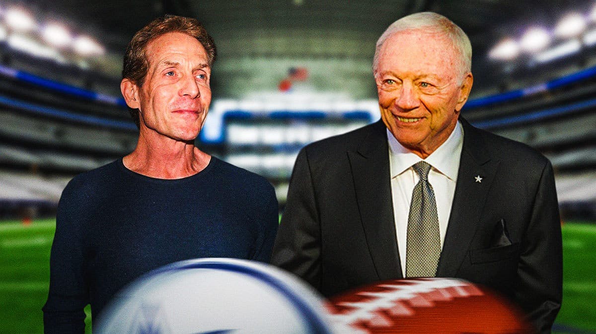 Skip Bayless and Dallas Cowboys owner Jerry Jones in front of AT&T Stadium.