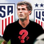 Christian Pulisic wearing a full black t-shirt with a questionmark on it, the USMNT and USWNT logos behind him