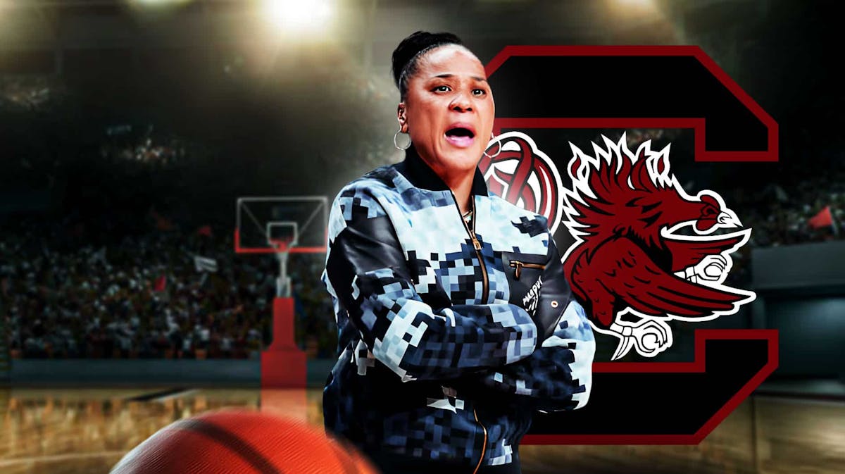 Dawn Staley with the South Carolina logo in the background, Indiana