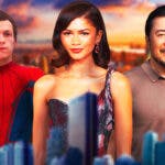 Tom Holland as MCU Spider-Man, Zendaya, and Fast and Furious director Justin Lin with New York City background.