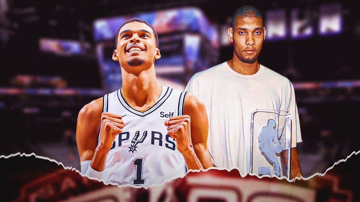 Spurs' Victor Wembanyama hyped up, with Tim Duncan holding the rookie of the year award in 1998 beside Wemby