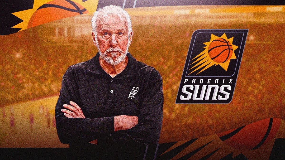 Spurs Gregg Popovich next to a Suns logo