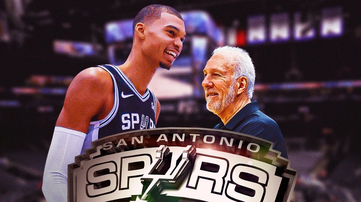 Victor Wembanyama and Gregg Popovich behind a Spurs logo