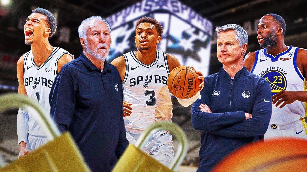 Spurs' Gregg Popovich, Keldon Johnson, Victor Wembanyama with a padlock in front of them and Steve Kerr and Draymond Green in the background