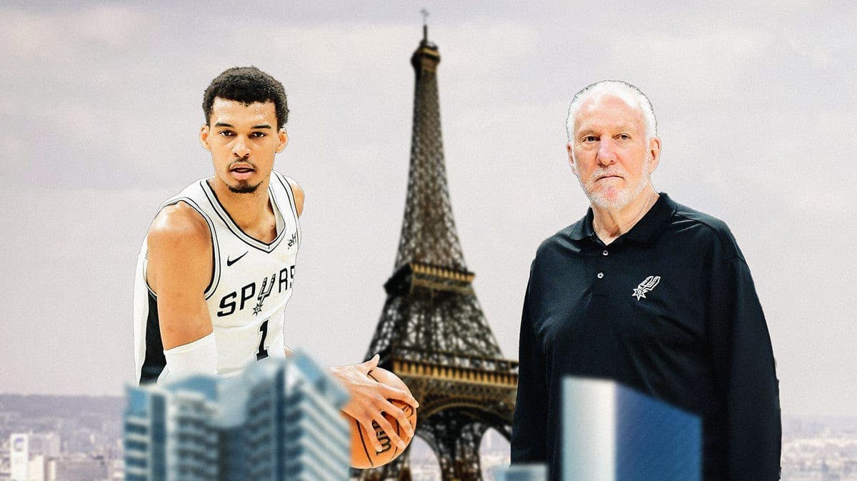 Spurs Victor Wembanyama and Gregg Popovich with the Eifel Tower between them.