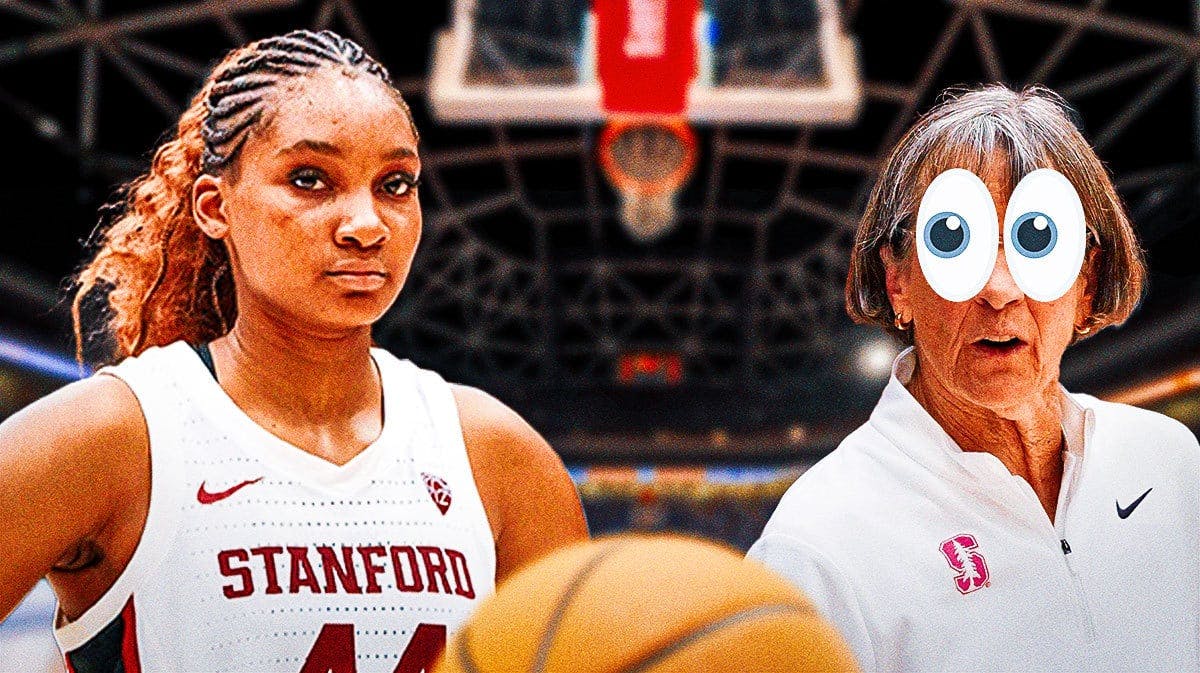 Stanford women’s basketball player Kiki Iriafen and Stanford women’s basketball coach Tara VanDerveer, with the 👀 emoji on VanDerveer, as if she is looking at Kiki Iriafen