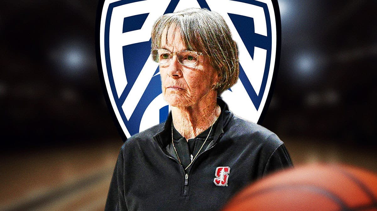 Stanford women’s basketball coach Tara VanDerveer, with the Pac-12 logo behind her