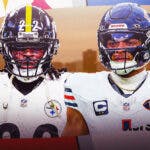 Bears' Justin Fields stands next to Steelers Najee Harris after trade