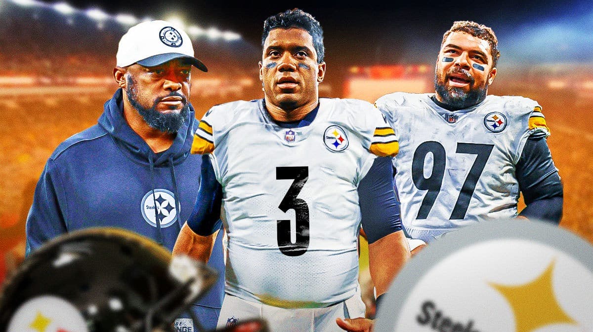 New Pittsburgh Steelers quarterback Russell Wilson with Mike Tomlin and Cameron Heyward