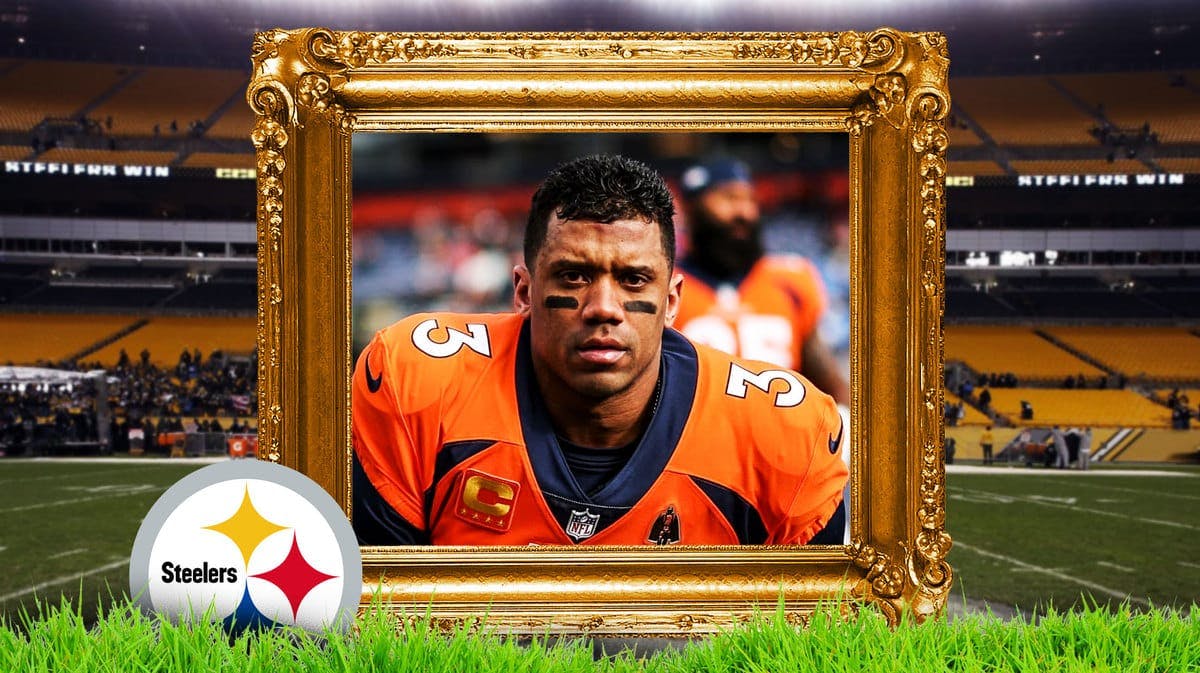 Former Broncos QB Russell Wilson personality in picture frame, Steelers stadium in background, NFL Free Agency analysts stand out of frame