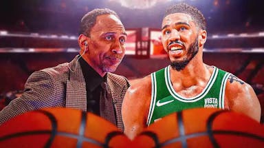 Analyst Stephen A. Smith and Boston Celtics star Jayson Tatum in front of the TD Garden.