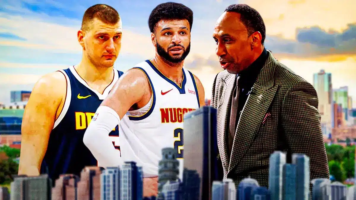 Nuggets Nikola Jokic and Jamal Murray angrily looking at Stephen A. Smith. Have the city of Denver pretty clearly visible in the background.