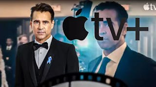 Pics of Colin Farrell from the trailer for Sugar, alongside the Apple TV+ logo