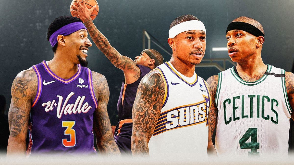 uns' Bradley Beal smiling at Isaiah Thomas wearing a 2024 Suns uniform, with a picture of the 2014 Suns Isaiah Thomas shooting a layup and 2017 Celtics Isaiah Thomas shooting a three behind the current version of Thomas