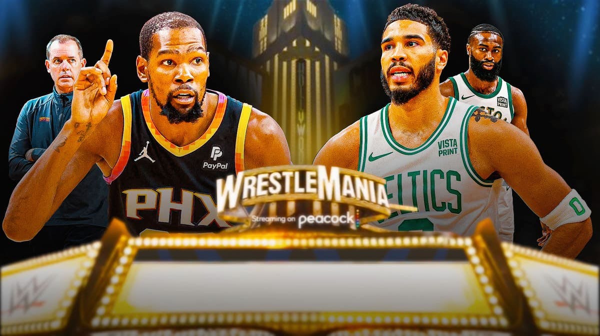 Suns' Kevin Durant and Celtics' Jayson Tatum in the Wrestlemania match card template, with Frank Vogel beside Durant and Jaylen Brown beside Tatum