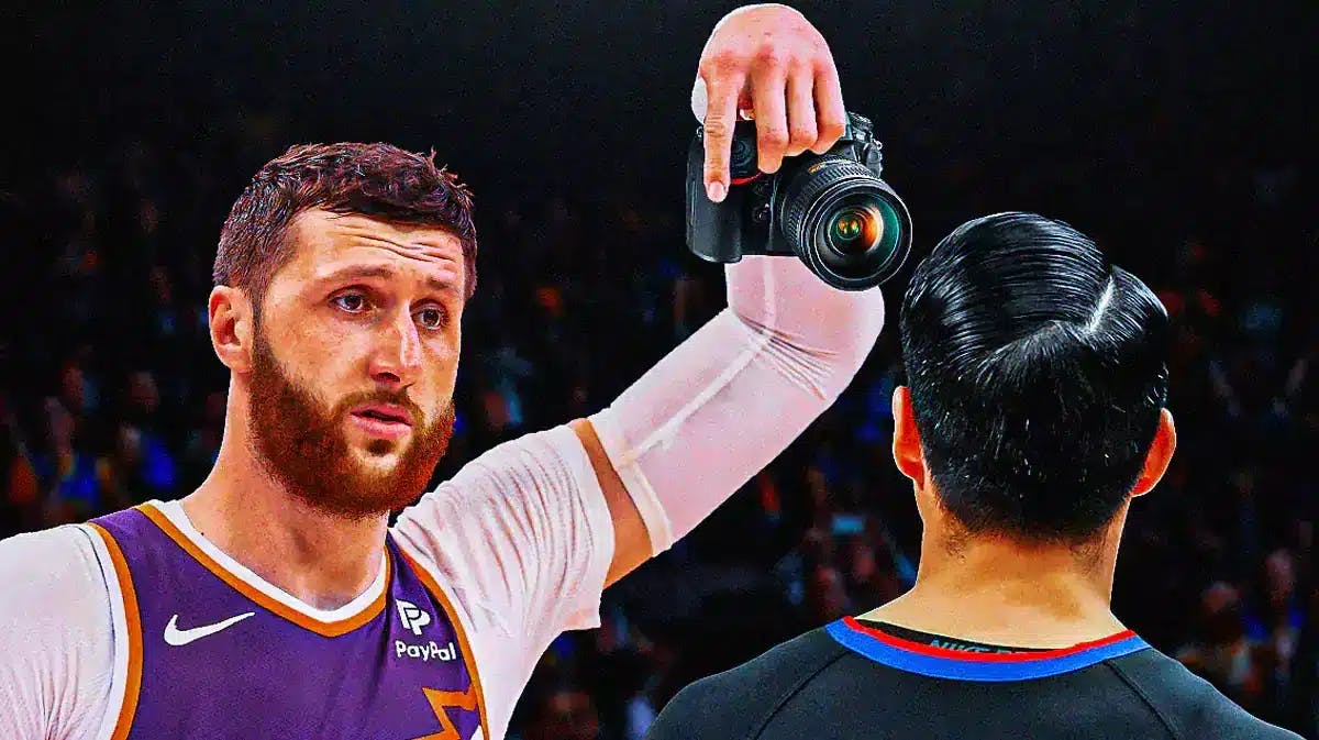 Suns' Jusuf Nurkic showing a camera to a referee a la Patrick Beverley