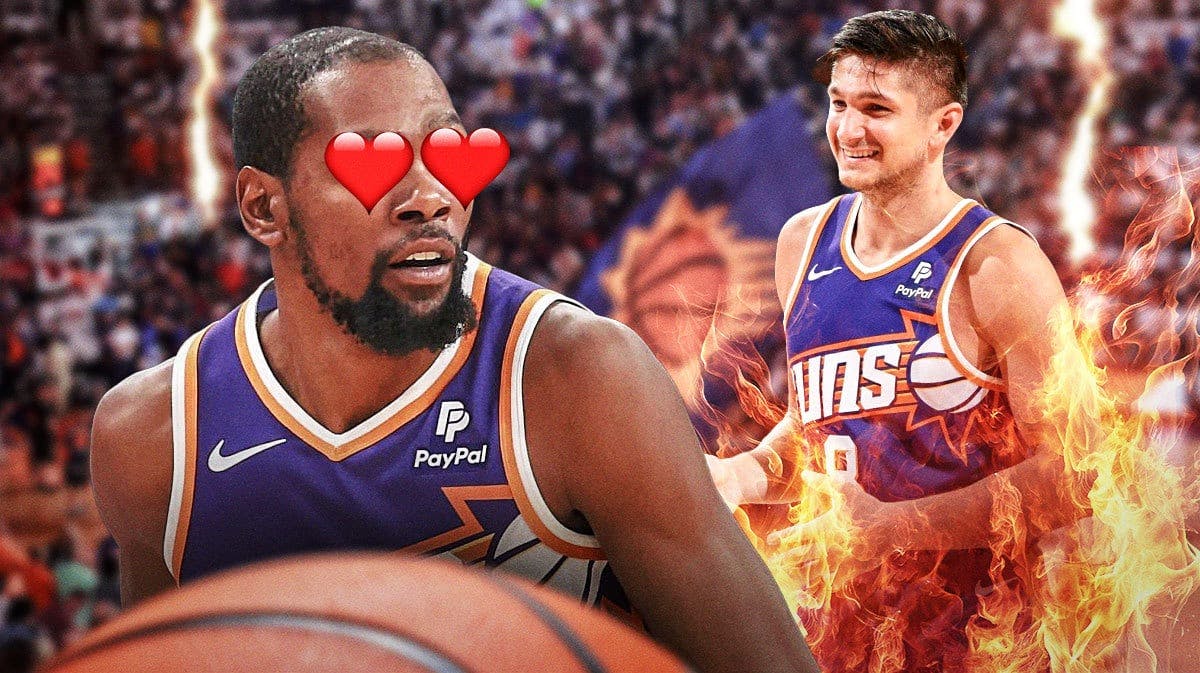 Suns' Kevin Durant smiling with heart eyes while looking at Grayson Allen as the Human Torch