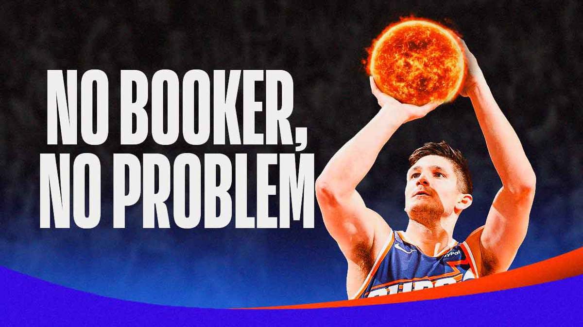 Suns' Grayson Allen shooting a basketball, but instead of a basketball, it’s the sun, with caption below: NO BOOKER, NO PROBLEM