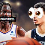 Bol Bol on one side with a speech bubble that says “!@#$” Victor Wembanyama on the other side with the big eyes emoji over his face
