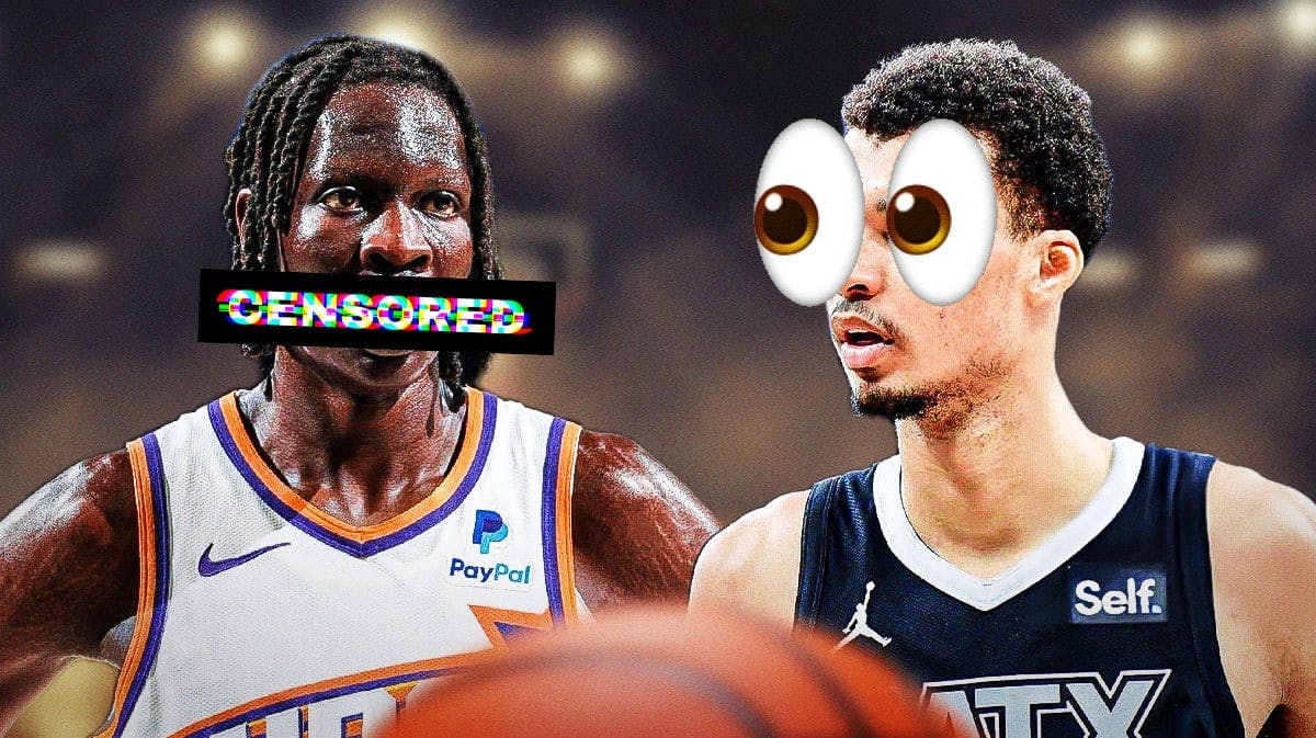 Bol Bol on one side with a speech bubble that says “!@#$” Victor Wembanyama on the other side with the big eyes emoji over his face