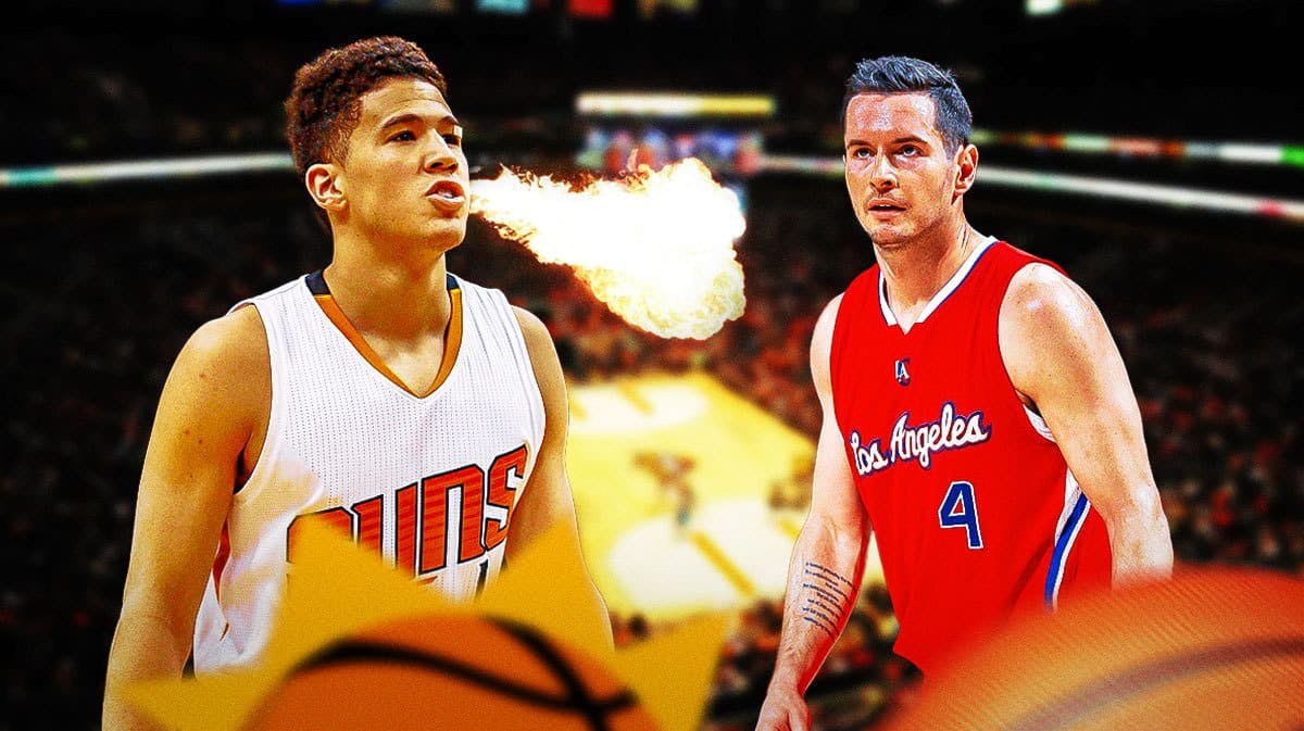 Suns' Devin Booker (image from 2015-16) breathing fire at Clippers' JJ Redick (image from 2015-16)