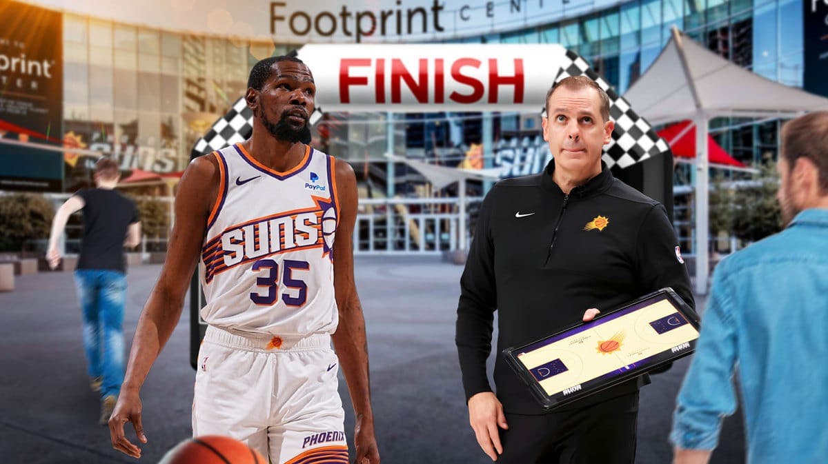 Suns' Kevin Durant and Frank Vogel looking tired, with a finish line arch behind them
