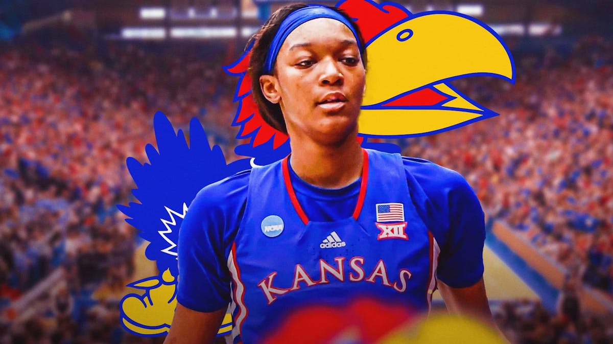 Taiyanna Jackson with the Kansas Jayhawks logo in the background, March Madness