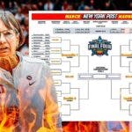 Stanford women’s basketball coach Tara VanDerveer, with flames around here, and a “March Madness bracket” behind he