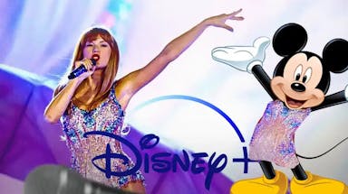 Taylor Swift performing in her sequined leotard from The Eras Tour alongside Mickey Mouse wearing the same thing, and the Disney+ logo