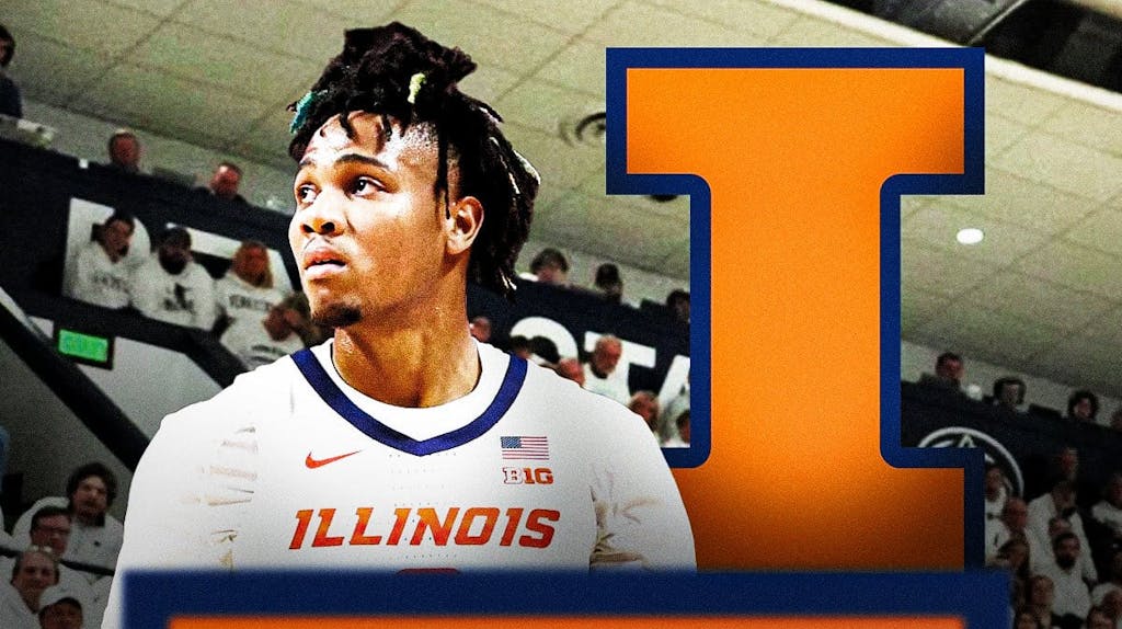 Terrence Shannon Jr. in front of Illinois basketball logo