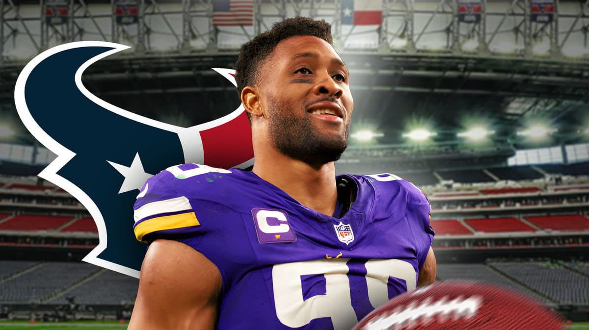 Ex-Vikings linebacker Danielle Hunter stands in front of Texans logo after NFL free agency deal, Texans defense signs in background