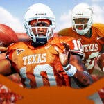 Texas football, Longhorns, Vince Young, Vince Young Texas, Sam Ehlinger, Vince Young in Texas uni with Texas football stadium in the background
