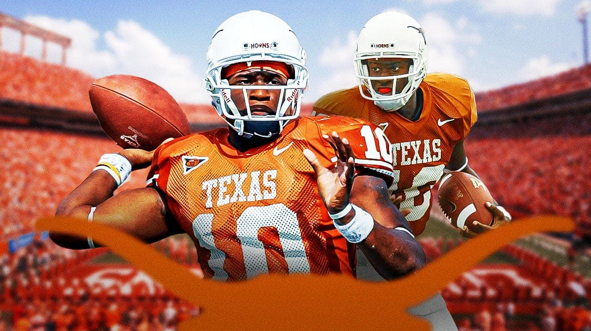 Texas football, Longhorns, Vince Young, Vince Young Texas, Sam Ehlinger, Vince Young in Texas uni with Texas football stadium in the background