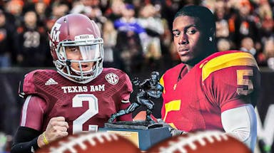 The Heisman Trophy, with Reggie Bush on the right, and Johnny Manziel on the left.