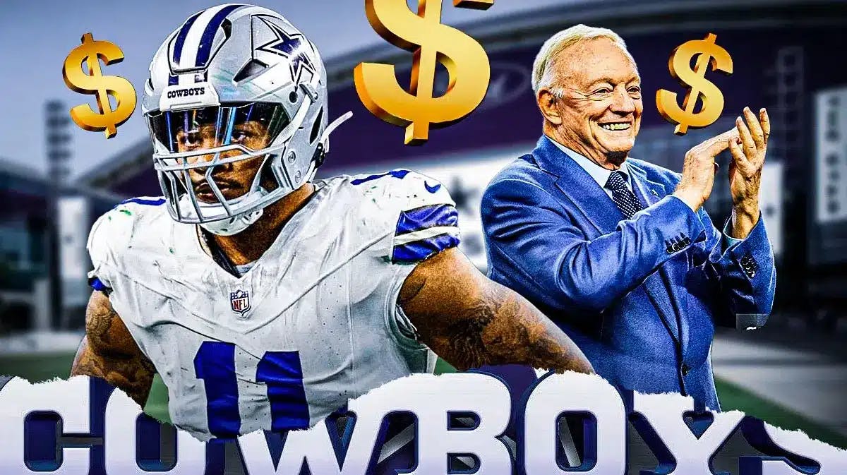 Cowboys star Micah Parsons, owner Jerry Jones, dollar signs above