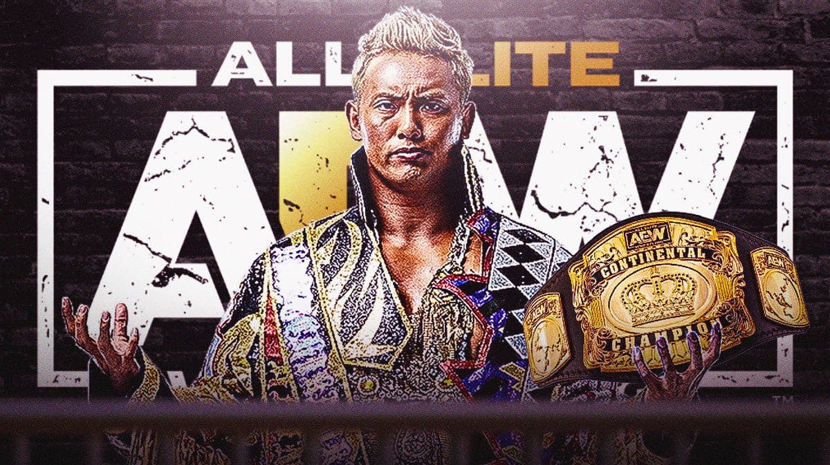 Kazuchika Okada holding the Continental Championship belt with the AEW Dynamite logo as the background.