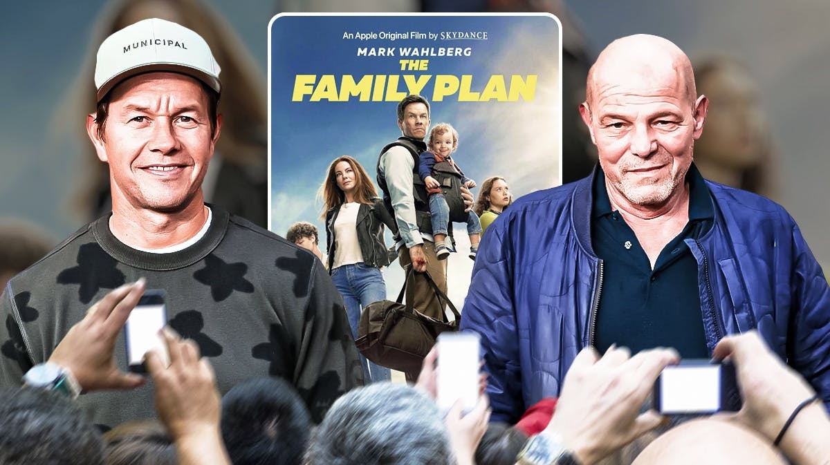 Mark Wahlberg and Simon Cellan Jones with The Family Plan poster.