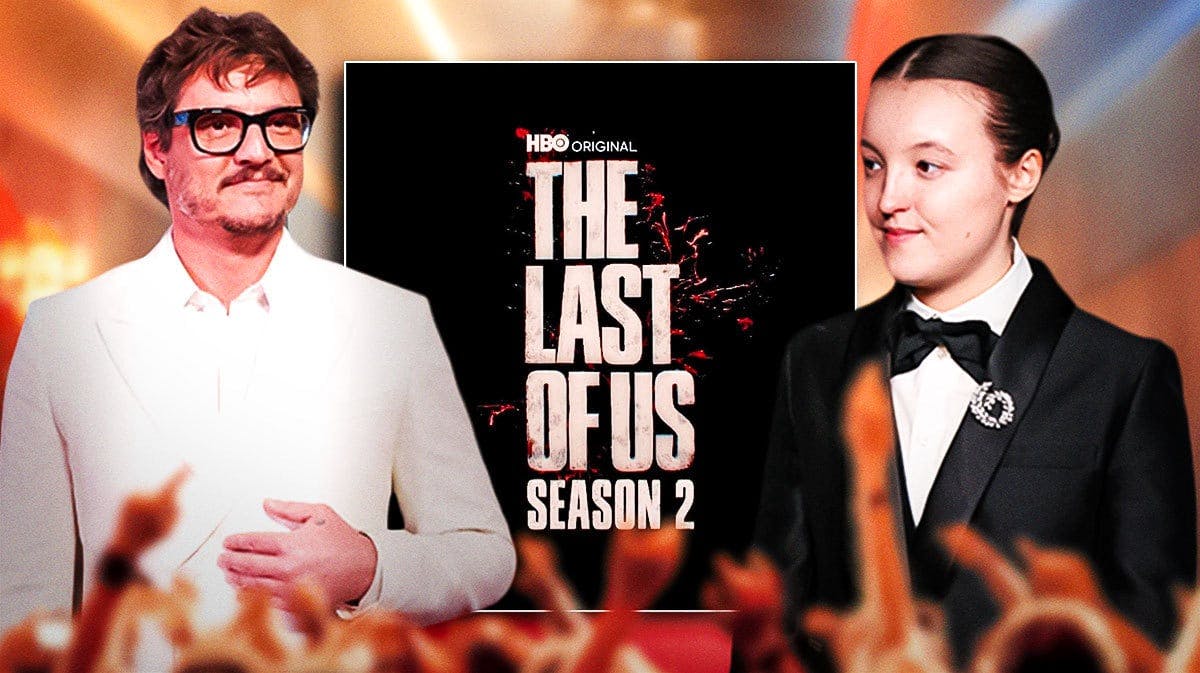 Pedro Pascal and Bella Ramsey with The Last of Us Season 2 logo.