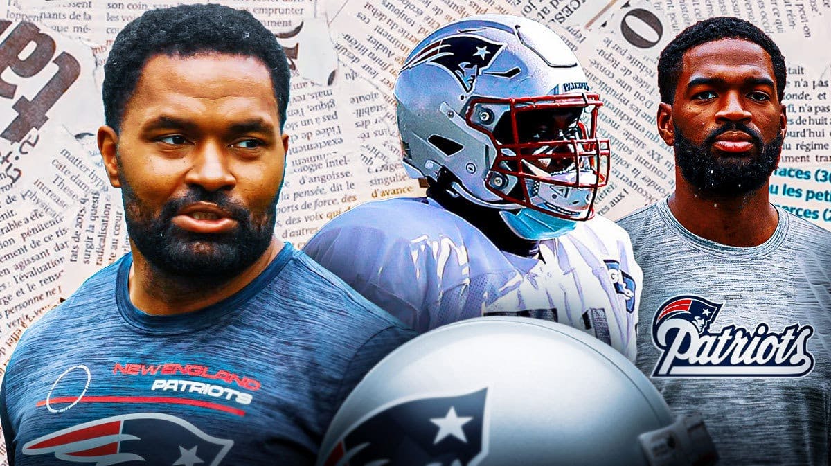 A newspaper as the background, Jerod Mayo on one side, Michael Onwenu and Jacoby Brissett (in a New England Patriots jersey) on the other side. NFL Free Agency