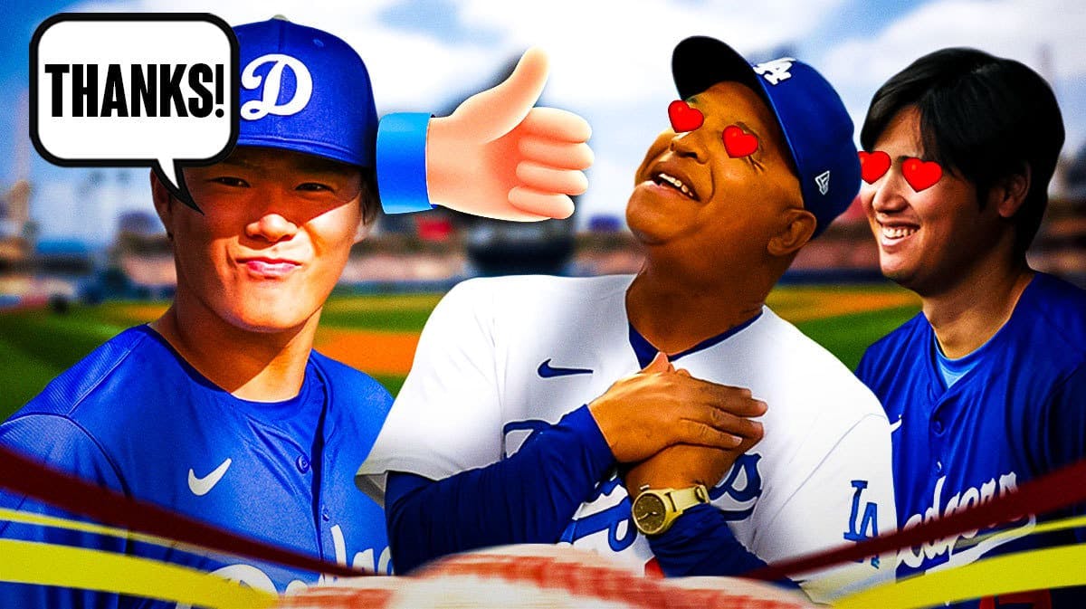 Yoshinobu Yamamoto giving a thumbs up to Dodgers' Dave Roberts, Shohei Ohtani