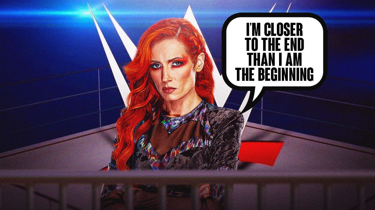 Becky Lynch with a text bubble reading “I’m closer to the end than I am the beginning” with the WWE logo as the background.