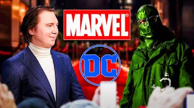 Paul Dano next to himself as The Riddler with the Marvel and DC logos in between