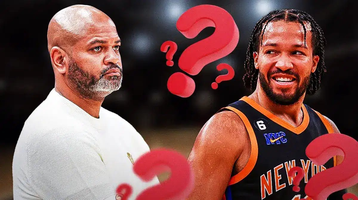 Cavs coach JB Bickerstaff looking confused next to a smiling Knicks' Jalen Brunson and question marks all around.