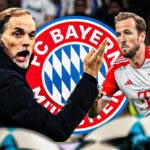 Thomas Tuchel shouting towards Harry Kane in front of the Bayern Munich logo