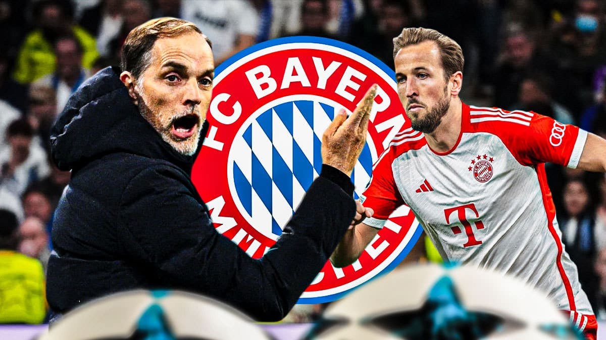 Thomas Tuchel shouting towards Harry Kane in front of the Bayern Munich logo