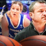 Middle Tennessee women’s basketball players Jalynn Gregory and Savannah Wheeler on one side, and Louisville women’s basketball coach Jeff Walz, with fake tears in his eyes on the other side.