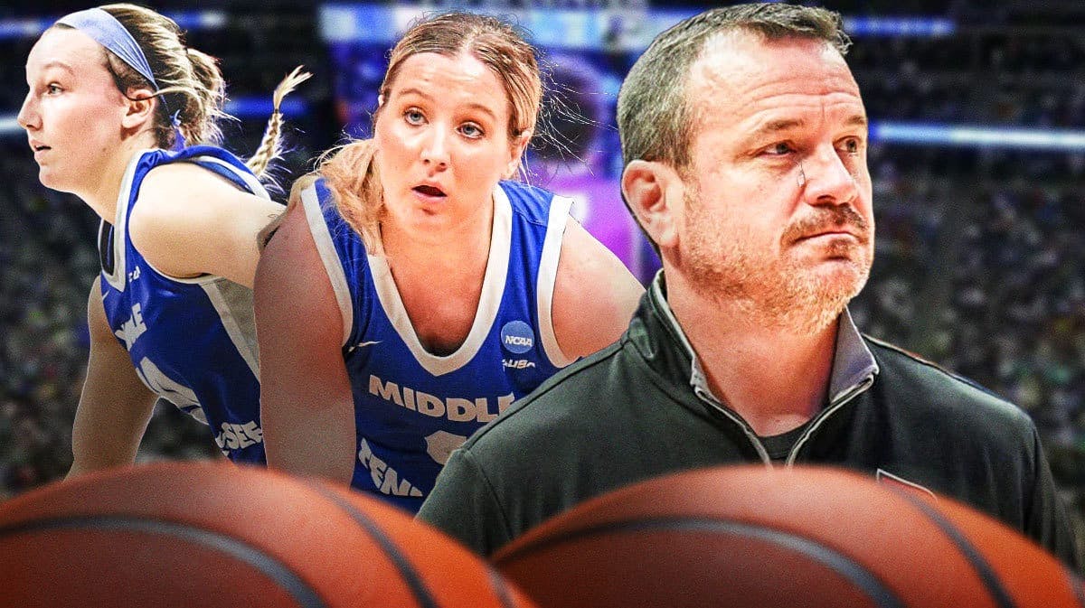 Middle Tennessee women’s basketball players Jalynn Gregory and Savannah Wheeler on one side, and Louisville women’s basketball coach Jeff Walz, with fake tears in his eyes on the other side.